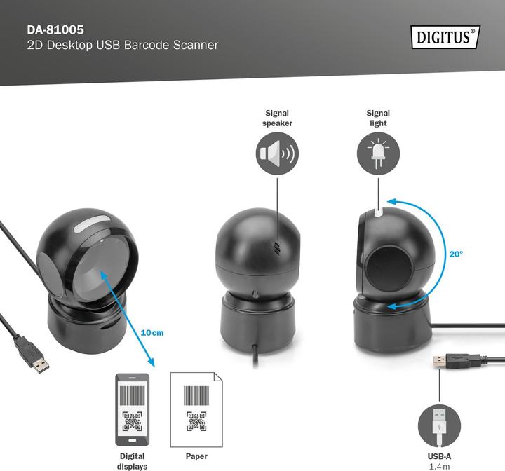 Produktbild Digitus 1D 2D Barcode Scanner Desktop (2D-Barcodes, 1D-Barcodes, QR-Code)
