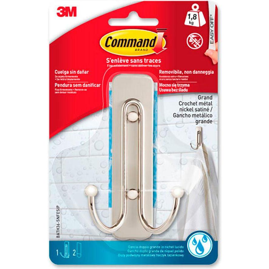 3M, Chiodo adesivo + Gancio adesivo, Command double hook, large, satin nickel, 1 unit + 2 strips, max 1.8 kg
