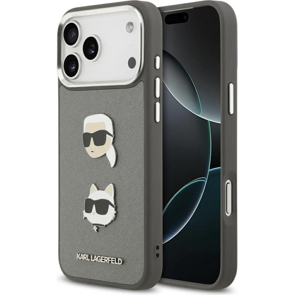 Karl Lagerfeld FW Grained Karl & Choupette Heads Pins & Logo case for iPhone 17 Pro Max grey (Apple iPhone 17 Pro Max), Cover smartphone, Grigio