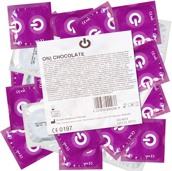 Actual product image ON) Chocolate" 100 black condoms with chocolate flavour, maxipack (100 pcs.)