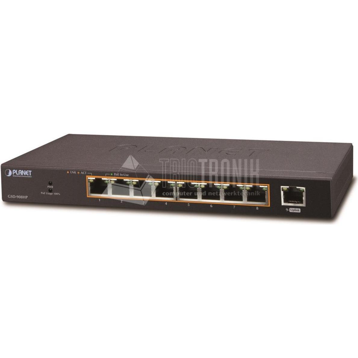 Thumbnail - Planet 8-Port 10/100/1000Mbps 802.3at PoE + 1-Port (9 Ports), Netzwerk Switch, Schwarz