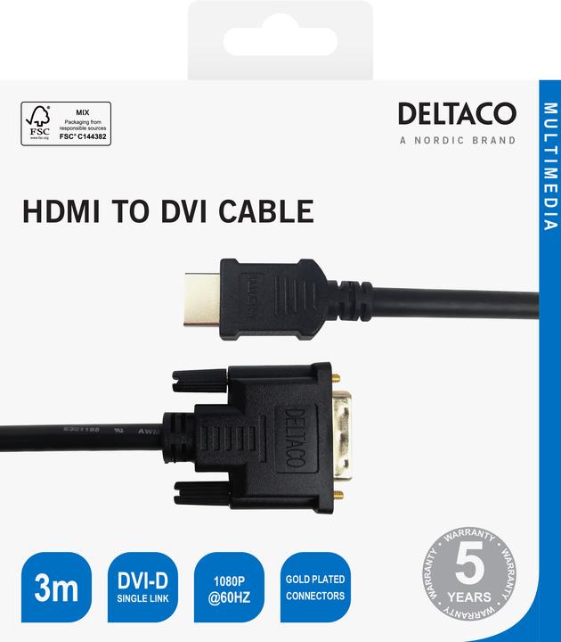 Produktbild Deltaco HDMI zu DVI Kabel 1080p, DVI-D Single Link, 3m, schwarz (3 m)
