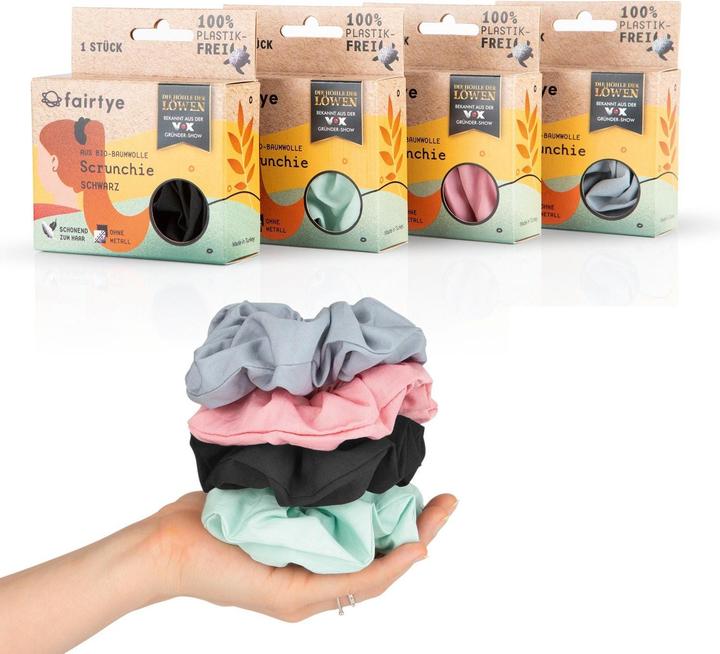 Produktbild fairtye Scrunchie 4er Set (schwarz, grau, rosa, mint) (Haargummi Set)