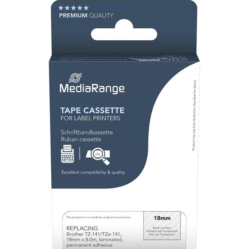 MediaRange, Beschriftungsband, Schriftbandkassette schwarz auf blau 8m x 18mm (1.80 cm, Blau)