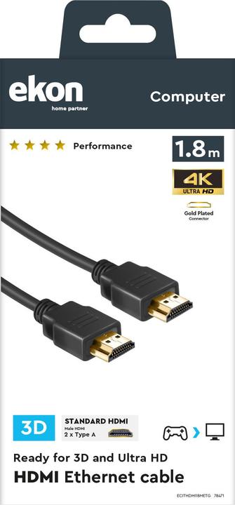 Actual product image Ekon HDMI Ethernet metal cable 4K Ultra HD 1.8m (1.80 m, HDMI)