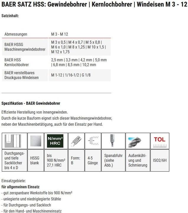 Nährwerte und Zutaten Baercoil Gewindeschneider Set