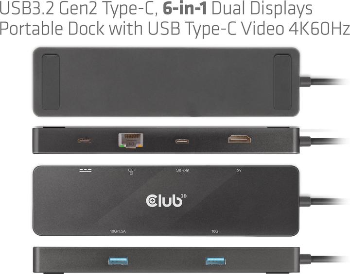 Actual product image Club 3D Club3D USB-C Dock > HDMI/USB-C(8K)/2xUSB/USB-C(PD100W)/RJ45 retail (USB-C, 6 ports)