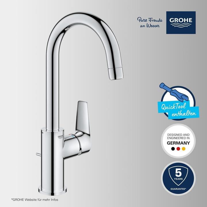 Produktbild Grohe StartEdge Lavaboarmatur, wassersparend, Zugstangen Ablauf, Schnell-Montage-System, L-Size, chrom