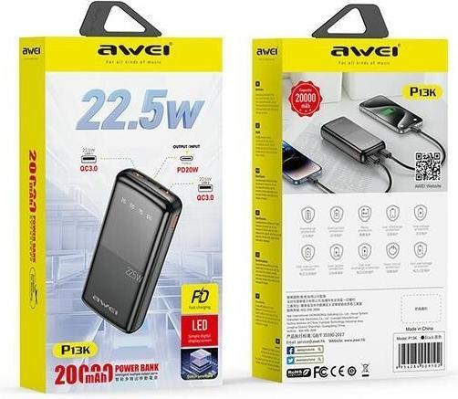 Actual product image Awei PowerBank P13K 20000mAh 22.5W czarny/black Digital Display (20000 mAh, 22 W, 22.50 Wh)