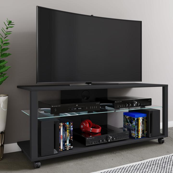 Produktbild VCM Holz TV Lowboard Rollen Fernsehschrank mobil Rack Konsole Möbel Fernsehtisch Fernseh Phono Glas (115 x 41 x 45 cm)