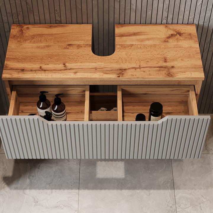 Actual product image Vicco Waschbeckenunterschrank Lotta, Eiche/grau gestreift, 79.6 x 62.5 cm mit 2 Schubladen (79.60 x 32 x 62.50 cm)