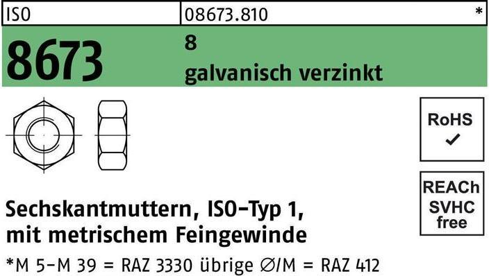 Produktbild Sechskantmutter ISO 8673 M 24 x 2 8 galvanisch verzinkt (M24)