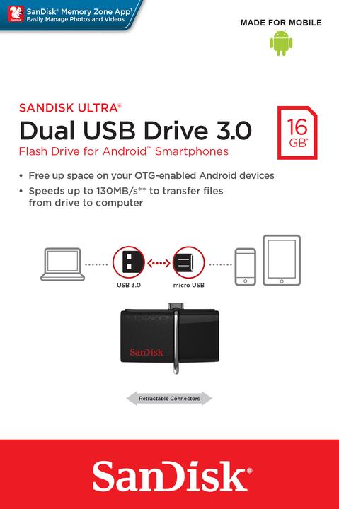 Actual product image Sandisk USB3.0 Ultra Dual 16GB OTG (16 GB, USB-A, Micro USB-A)