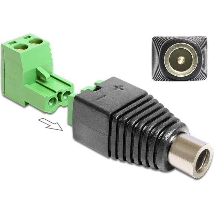 Delock Adattatore DC 2.1 x 5.5 mm maschio > Morsettiera, Cavo + Spina elettrica, Nero, Verde