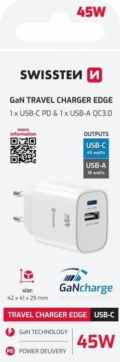 Produktbild Swissten Netzadapter EDGE GaN 45W, 2 Ports, 1x USB-C PD 45W + 1x USB-A 18W QC (45 W, 2 Ports)