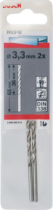 Produktbild Bosch Professional Zubehör Metallbohrer HSS-G, DIN 338, 3,3 x 36 x 65 mm, 2er-Pack (3.3 mm)