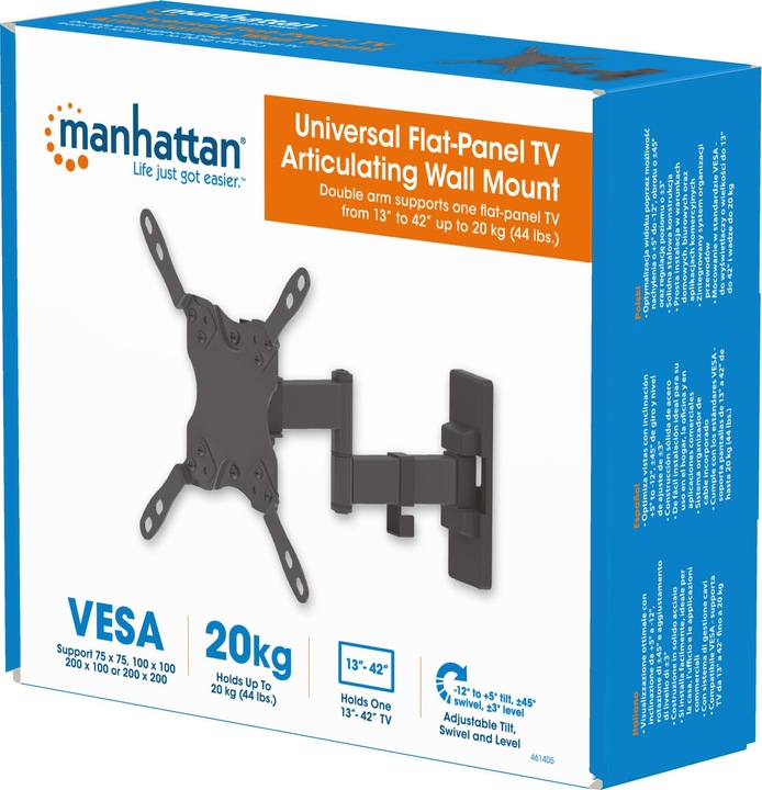 Image du produit Manhattan Support mural universel pour TV, inclinable et pivotant (Mur, 42", 20 kg)