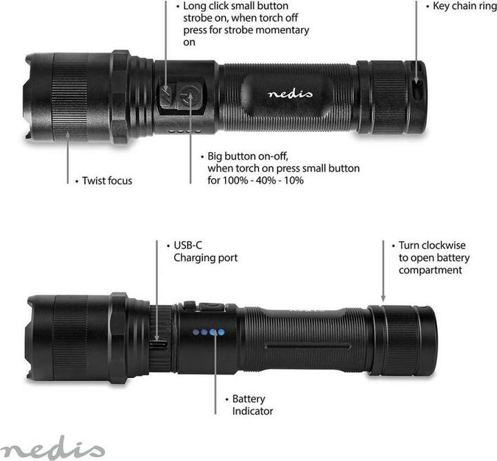 Actual product image Nedis LED torch, full metal housing, rechargeable battery, 3.7 V, 10 W (4 cm, 1000 lm)