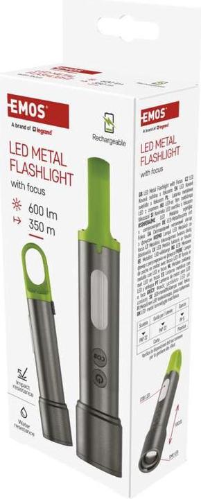 Actual product image Emos LED Aufladbare Metall-Taschenlampe, 600 lm, 1 200 mAh (16 cm, 600 lm)
