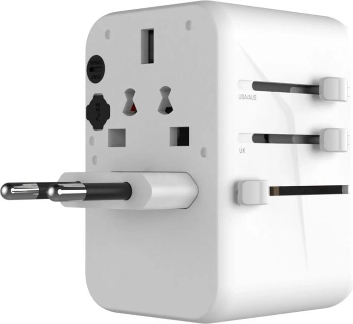 Actual product image Fixed Voyager 65 W travel adapter for EU, UK and USA/AUS, with 3xUSB-C and 2xUSB output, GaN, PD 65W, whit