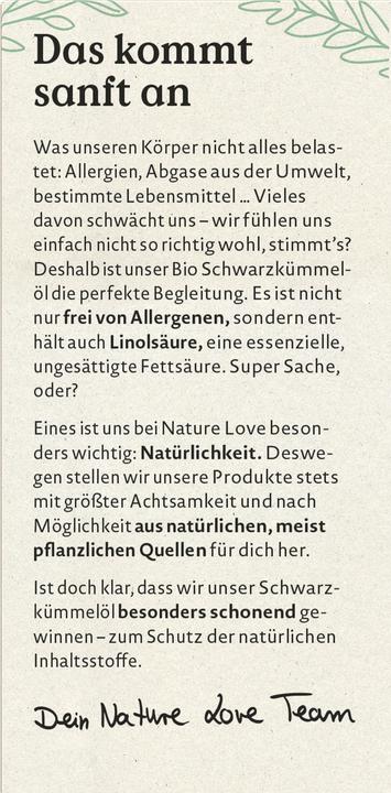 Valeurs nutritives et ingrédients Nature Love Huile de cumin noir (120 pcs, Capsules, 71 g)