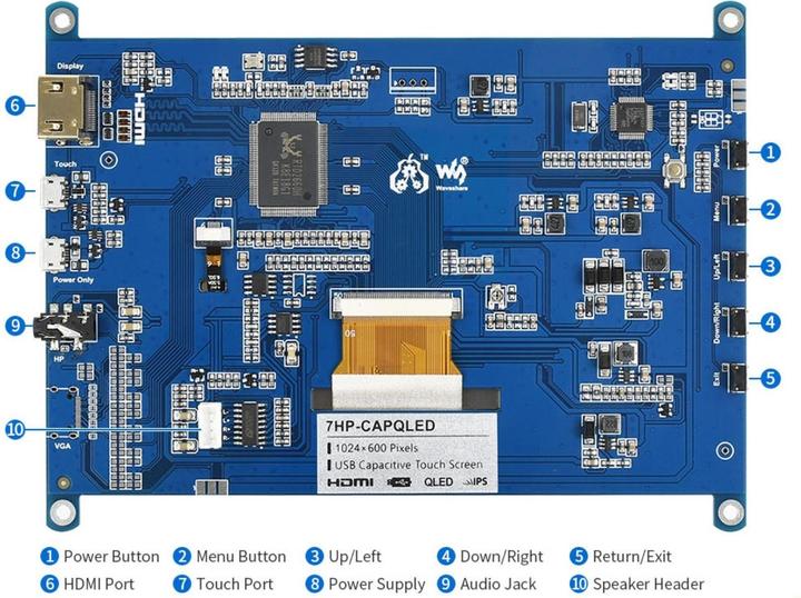 Image du produit WaveShare 7inch QLED Capacitive Touch Display LCD 1024×600 HDMI
