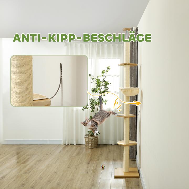 Produktbild PawHut Kratzbaum Spanplatte (250 cm, Eiche+Cremeweiss)