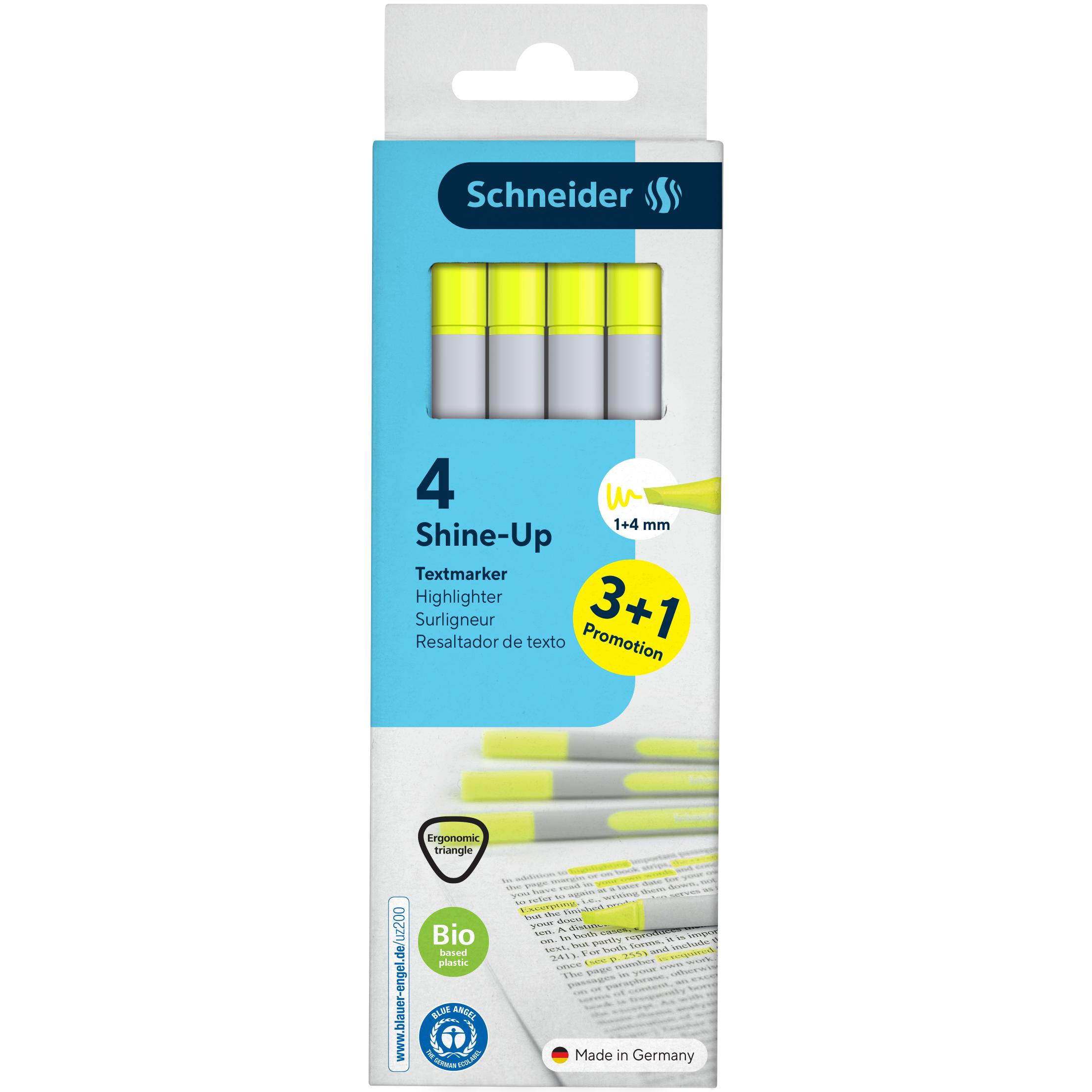 Schneider, Evidenziatori, 3 + 1 GRATIS: Shine-Up Textmarker gelb, 3 St. + GRATIS 1 St. (4x)