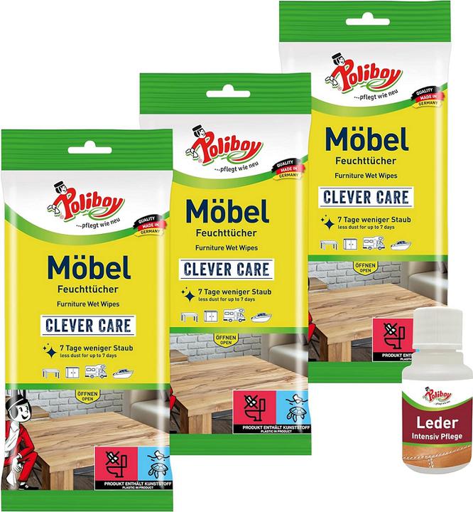 Actual product image Poliboy 3er Staubmeister Möbel Feuchttücher - 3x24 Tücher - inklusive Leder Probe (1 pcs.)
