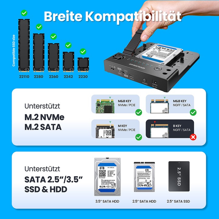 Produktbild Graugear Klonstation für M.2 NVMe/SATA SSDds & 2,5"/3,5" HDD