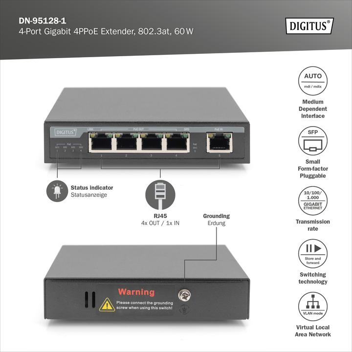 Produktbild Digitus 4-Port Gigabit 4PPoE Extender, 802.3at, 60 W (5 Ports)