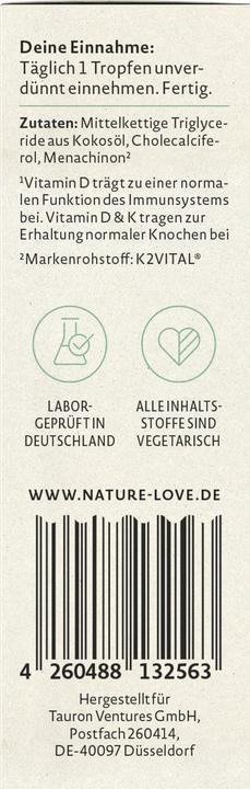 Nutritional values and ingredients Nature Love Vitamin D3 & K2