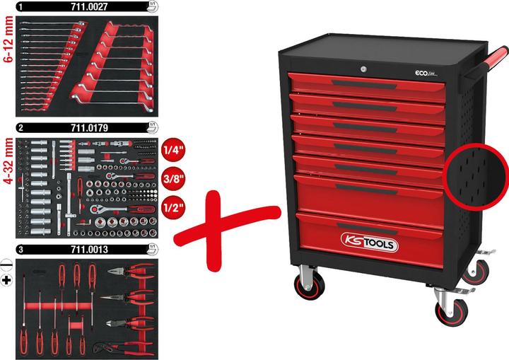 Produktbild KS Tools ECOline SCHWARZ/ROT Werkstattwagen mit 7 Schubladen und 215 Premium-Werkzeugen (215x)