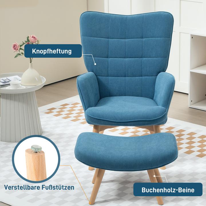 Immagine prodotto Homcom Ohrensessel mit Hocker Kord Blau