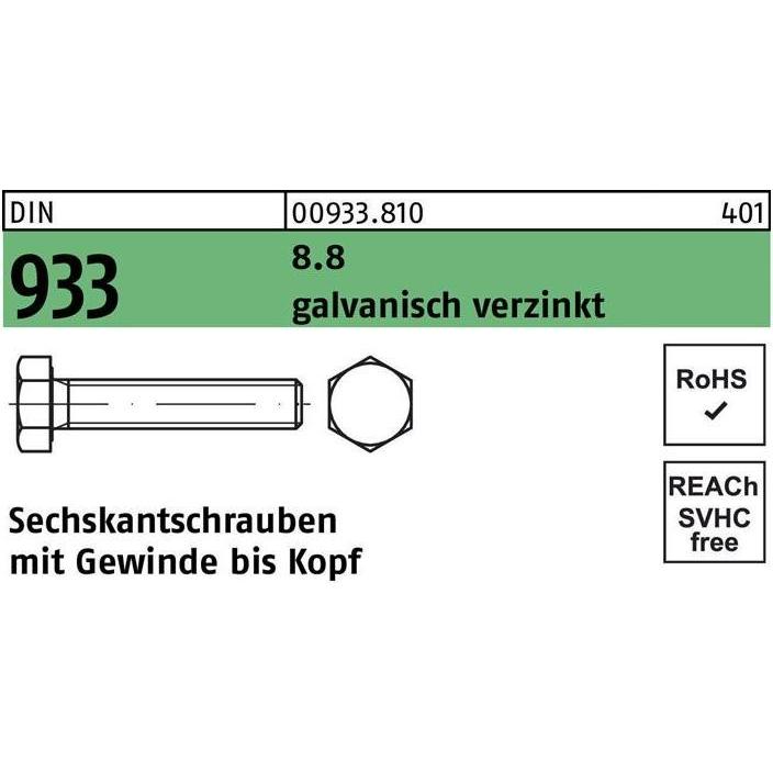 Schrauben, Sechskantschraube DIN 933 VG M 10 x 30 8.8 galvanisch verzinkt (200 Schrauben pro Stück)