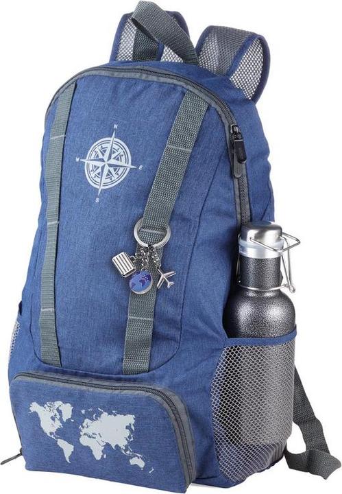 Immagine prodotto Troika SET WELTENBUMMLER con zaino blu e portachiavi, blu/grigio (12 l)