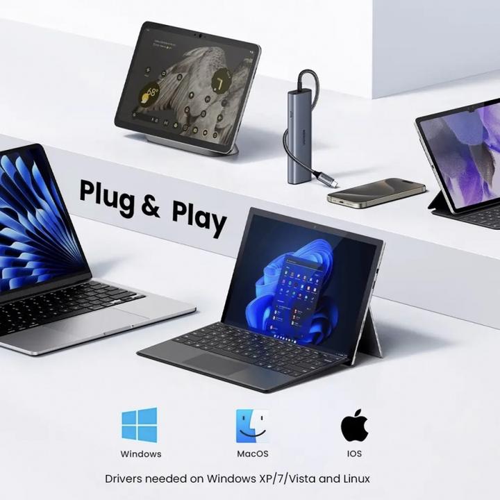 Produktbild Ugreen USB-C Hub CM512, 1 x USB-A 3.2 - 1 x USB-A - 3 x USB-C - 1 x RJ45, Grey (USB-C)