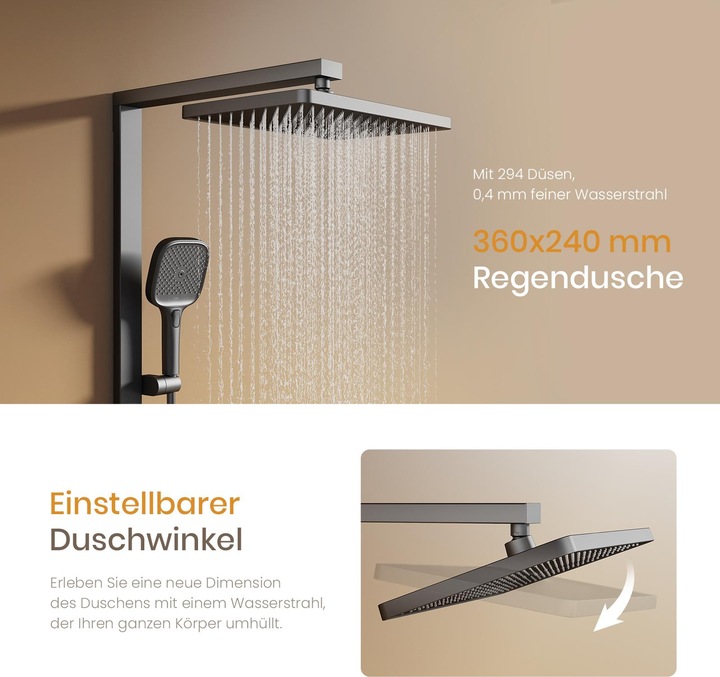 Produktbild Emke Duschsystem mit Thermostat Anthrazit Matt Einstellbarer Durchfluss 4-Strahl Handbrause inkl Brausest