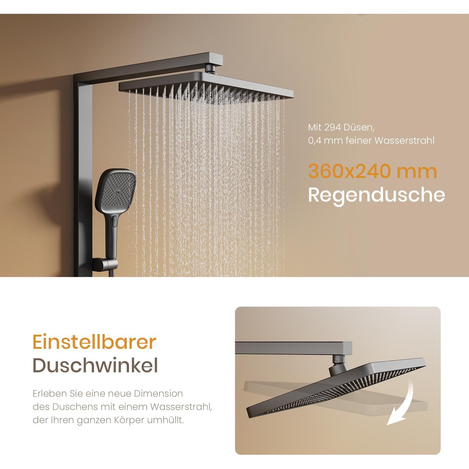 Thumbnail - Emke, Duschsystem, Duschsystem mit Thermostat Anthrazit Matt Einstellbarer Durchfluss 4-Strahl Handbrause inkl Brausest
