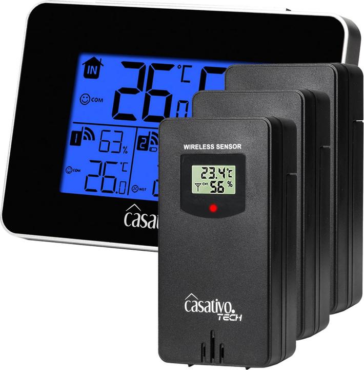 Casativo Funk-Wetterstation mit 3 Funksensoren, Hygrometer, LCD-Display