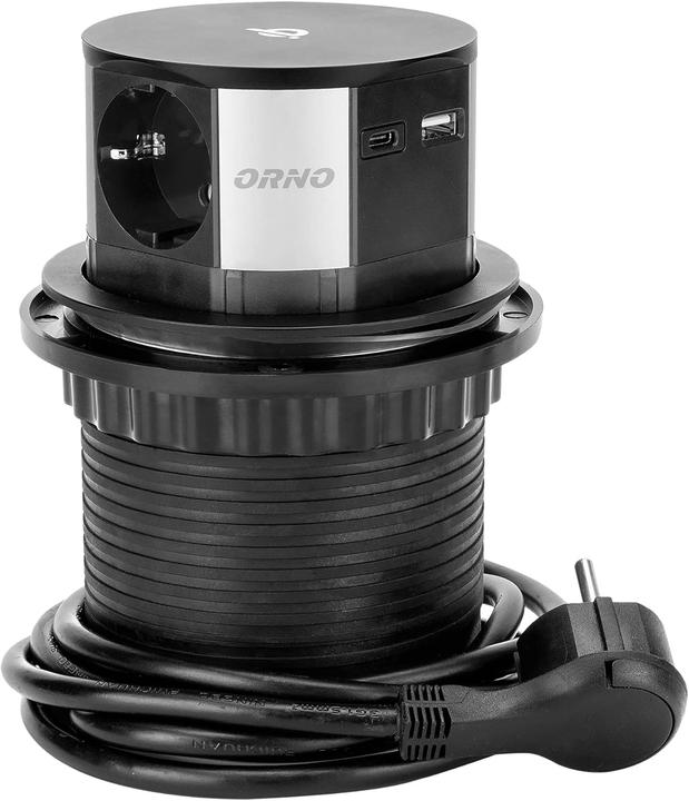 Actual product image Orno Furniture socket? 10cm extendable from the top with inductive charger, USB charger and 1.5m cable (3x, Type 23, 1.50 m)