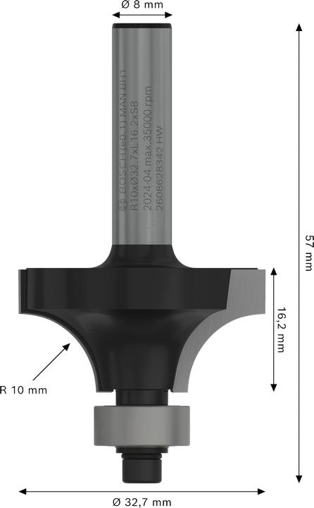 Produktbild Bosch Professional Zubehör Abrundfräser, 8 mm, R1 10 mm, L 16,5 mm, G 57 mm
