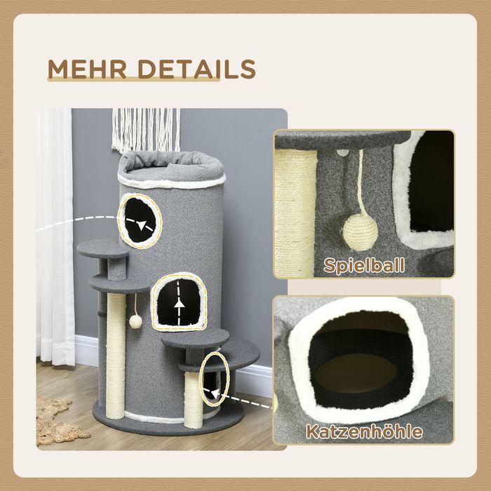 Produktbild Swisshandel24 Katzen Kratztonne 99 cm Spieltonne mit Katzenbett, Spielball & Plattformen, Katzenmöbel, Grau (99 cm, Grau)