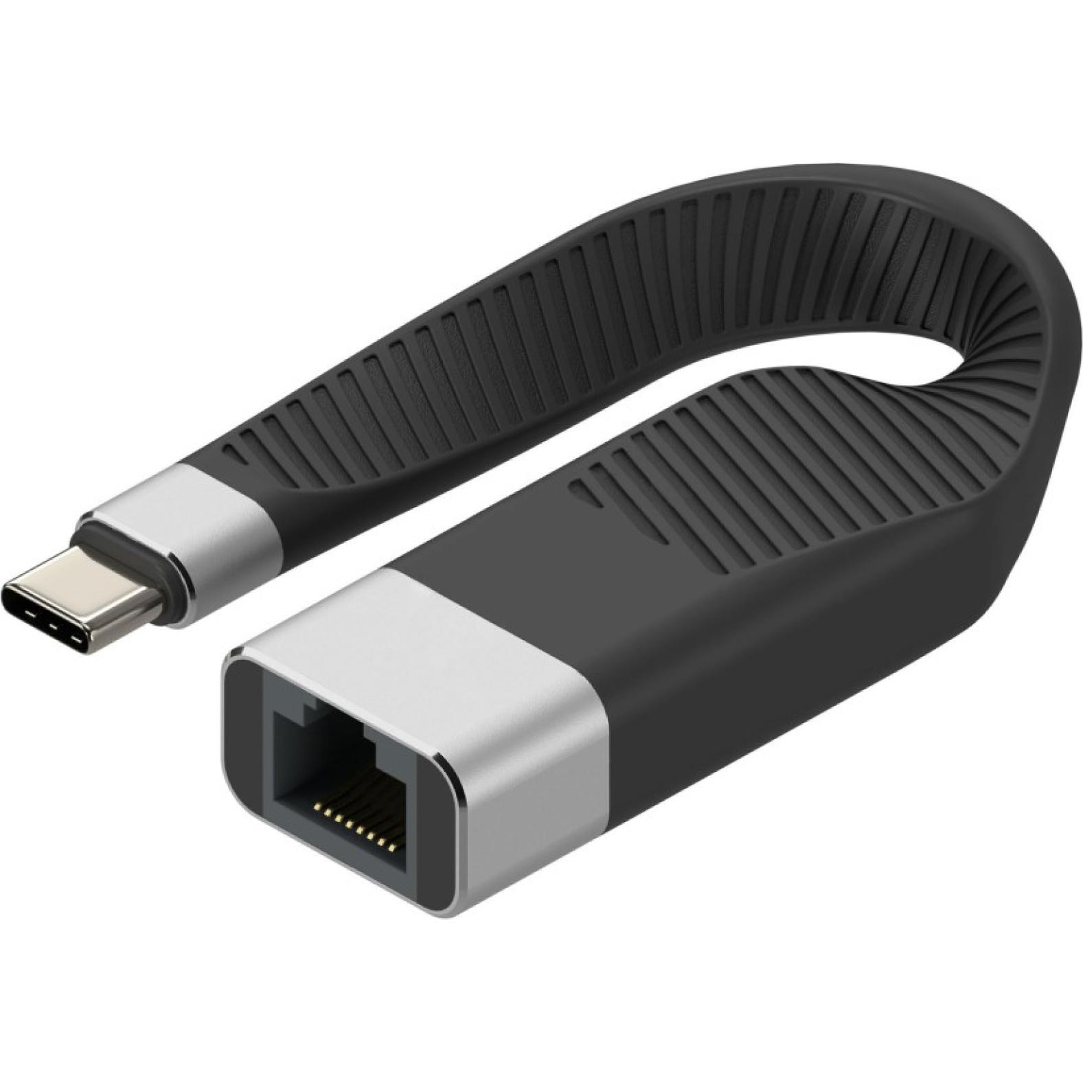 Techly Short Flat USB-C Male to RJ45 (USB-C, RJ45 (1x)), Netzwerkadapter, Schwarz