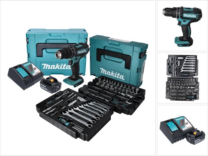 Produktbild Makita DHP 482 RF1J Akku Schlagbohrschrauber 18 V + 120 tlg. ZubehÃ¶rset + 1x Akku 3,0 Ah + Ladeger