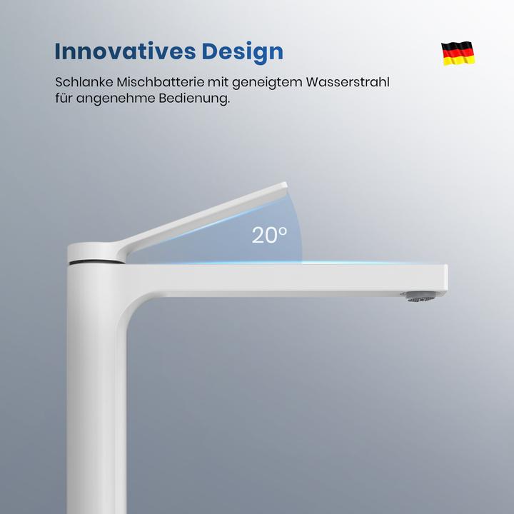 Produktbild Emke Badarmatur, weiß, Mischbatterie Waschbecken, Messing, mit Perlator, Keramikkartusche, einfach zu bed