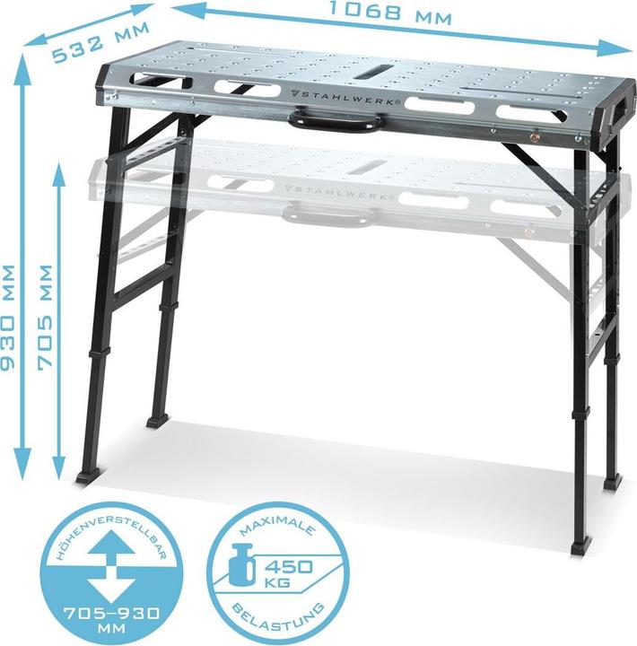 Immagine prodotto Stahlwerk Tavolo di saldatura mobile AWT-930 ST 1068 x 532 mm Banco di lavoro regolabile in altezza (106.80 cm, 53.20 cm)