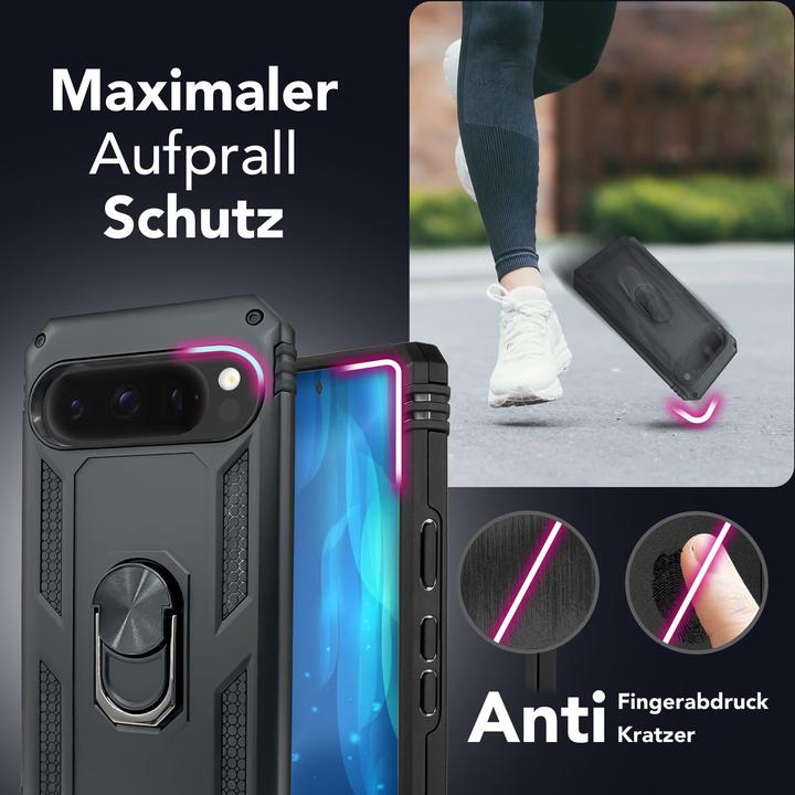 Produktbild Nalia RingDefend - Schwarze Panzerhülle mit 360-Grad Finger-Halter & Ständer - Military Style Cover (Google Pixel 9 Pro XL)