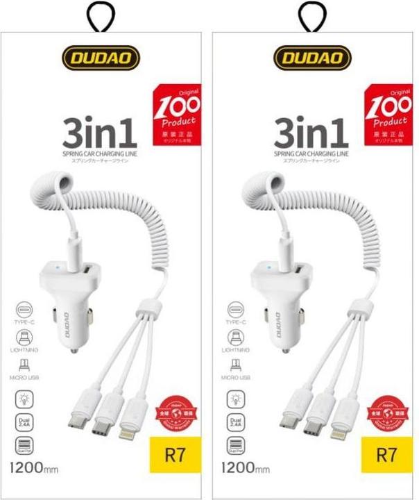 Image du produit Dudao car kit charger 2x USB 2.4A + cable USB 3in1 Lightning / Type C / micro USB cable white (R7 wh