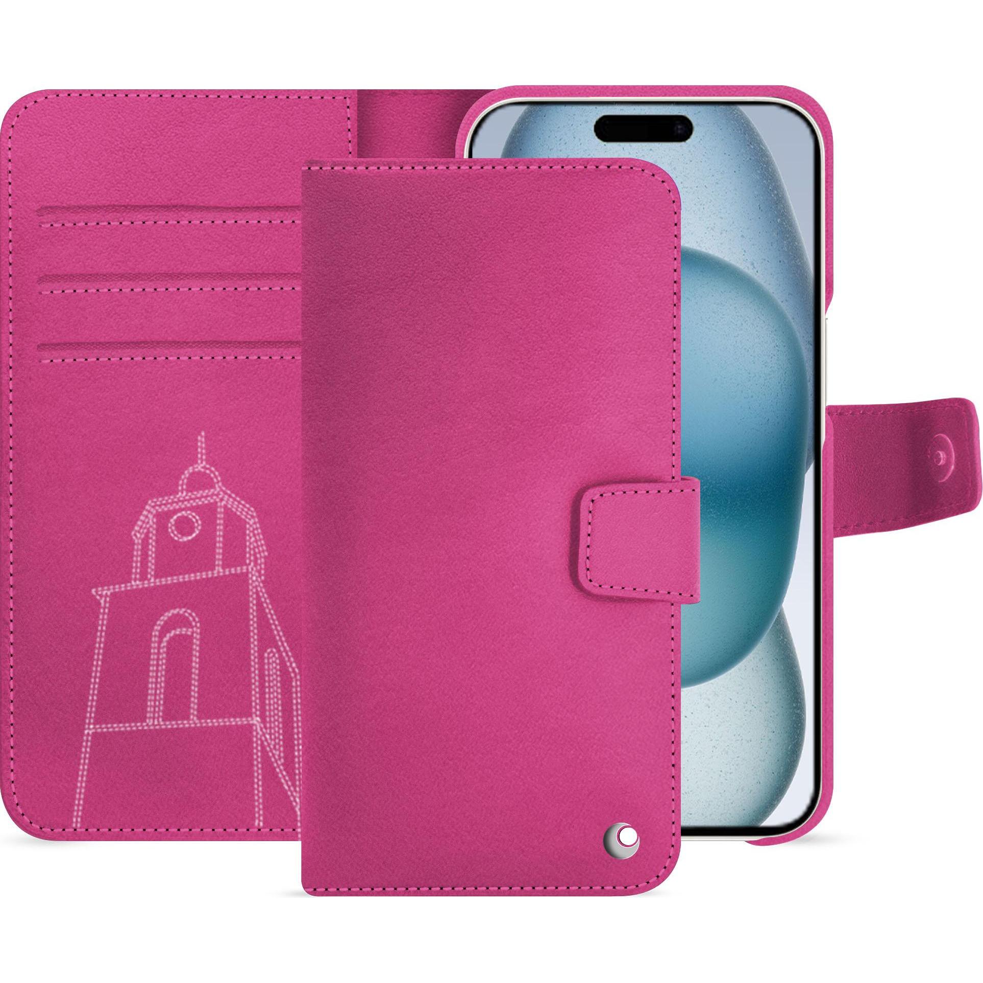 Noreve Lederschutzhülle Apple iPhone 15 (Apple iPhone 15), Smartphone Hülle, Rosa